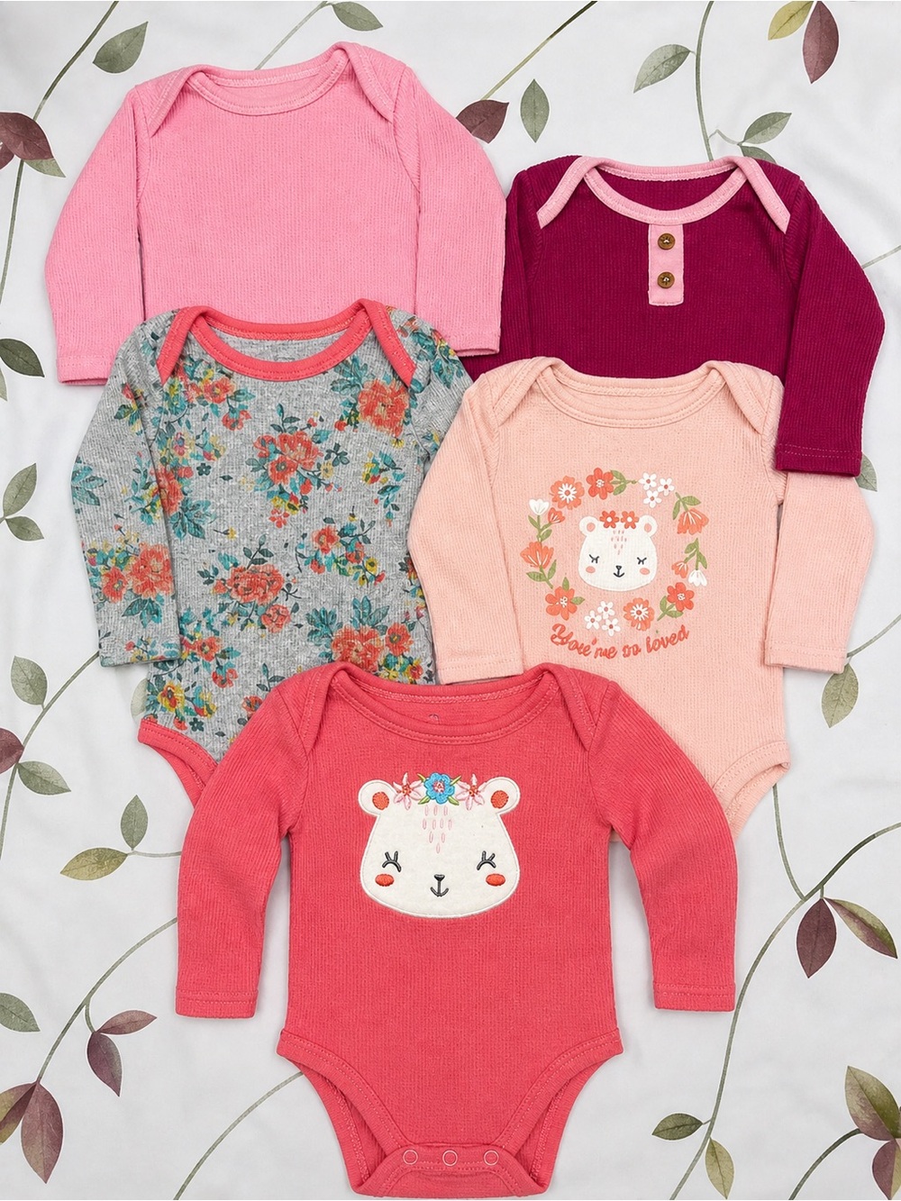Baby Girls Long Sleeve One-Piece Bodysuit Set - Pink, Coral, Peach, Floral